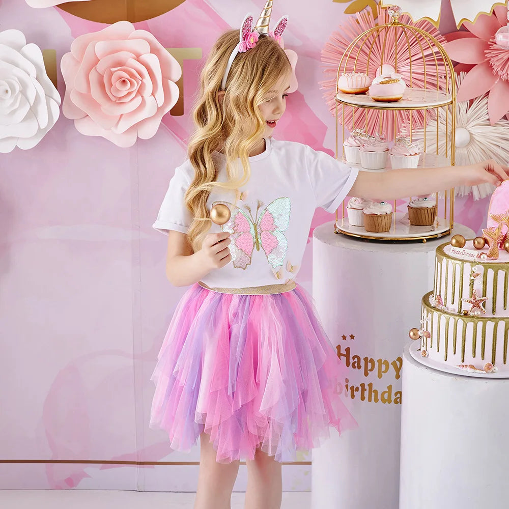 VIKITA Kids Princess Skirts Girls Irregular Layered Mesh Tulle Birthday Party Tutu Mini Skirts Girls Pink Casual Ballet Skirt