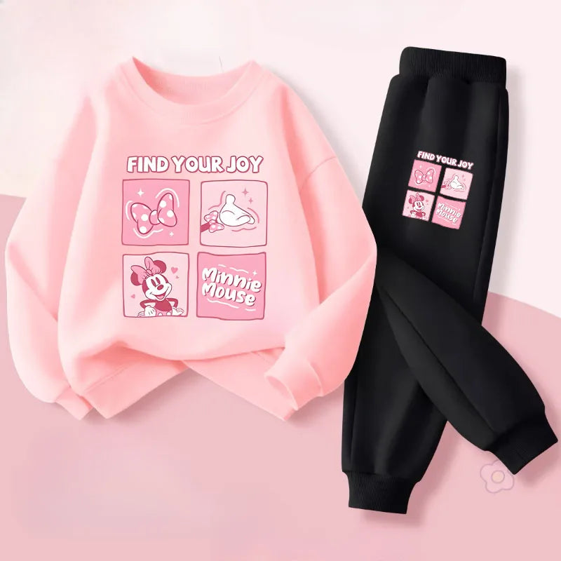 Pink Series Minnie Print Spring New Children's Clothing Sets Girls Long Sleeved Pullover Pants 2pcs Suit Kids Casual Sweatsuit