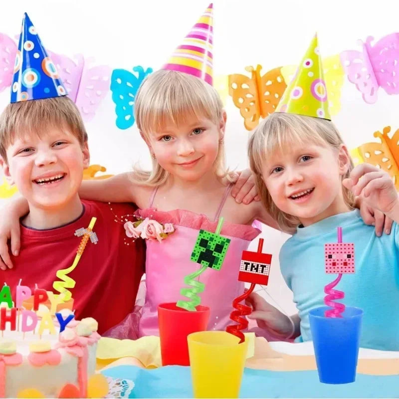 8pcs MineCraftes Straw Reusable My World Miner Plastic Spiral Drinking Straws Kids Birthday Party Decorations Juice Straws