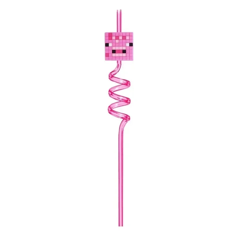 8pcs MineCraftes Straw Reusable My World Miner Plastic Spiral Drinking Straws Kids Birthday Party Decorations Juice Straws