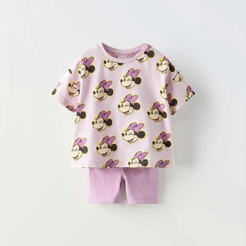 0-7Year Girls Outfits Pink TShirt Tights Shorts 2pcs Cartoon Cute Tees Solid Color Shorts Loose Casual Costume Baby Clothing
