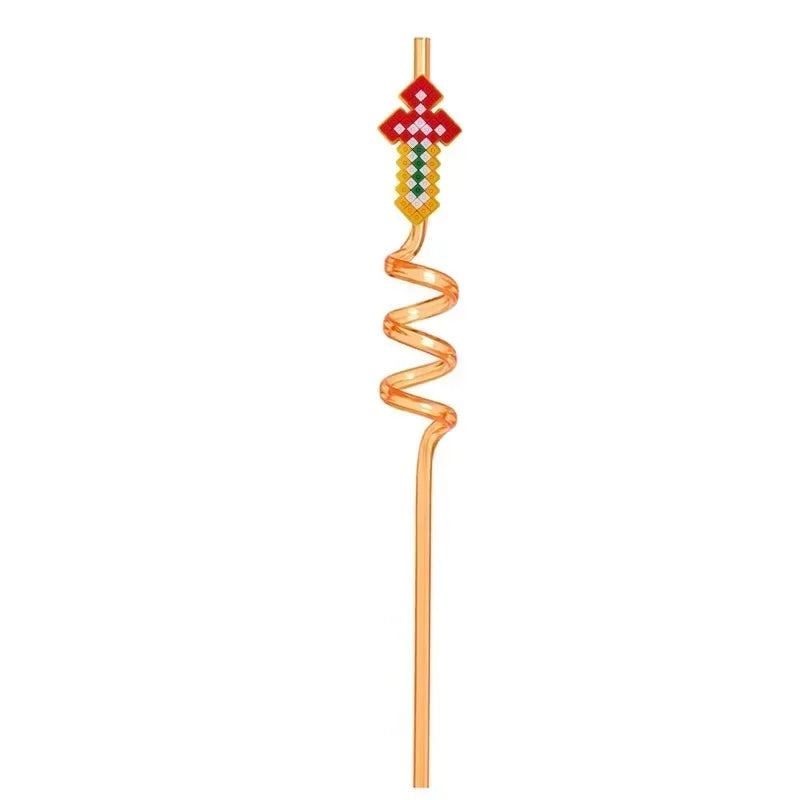 8pcs MineCraftes Straw Reusable My World Miner Plastic Spiral Drinking Straws Kids Birthday Party Decorations Juice Straws