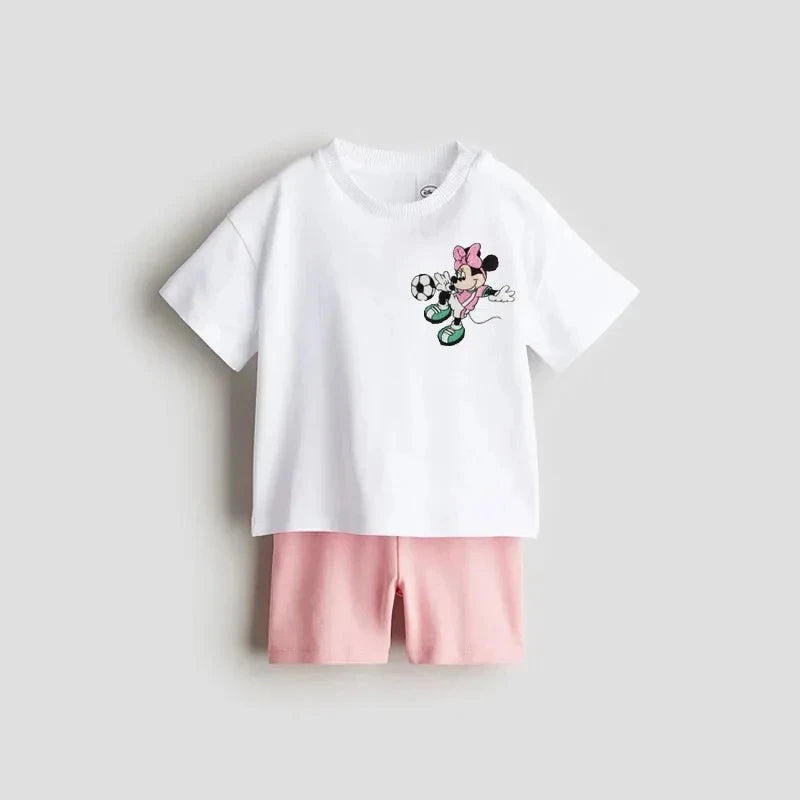 0-7Year Girls Outfits Pink TShirt Tights Shorts 2pcs Cartoon Cute Tees Solid Color Shorts Loose Casual Costume Baby Clothing