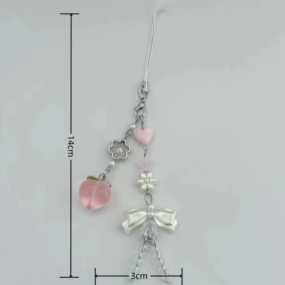 Pink Kawaii Y2K Peach Keychain New Chain Love Heart Keychain Phone Charms Cute Bowknot Bead Pendant Key Ring Sweet Girl Keychain