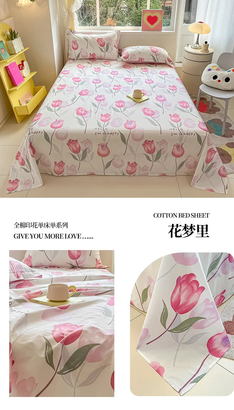 1pcs 100% Cotton Bed Sheet Flower Series Printed Double Top King Sheets for Girls Boys Kids Single Queen King Size Bed Linen