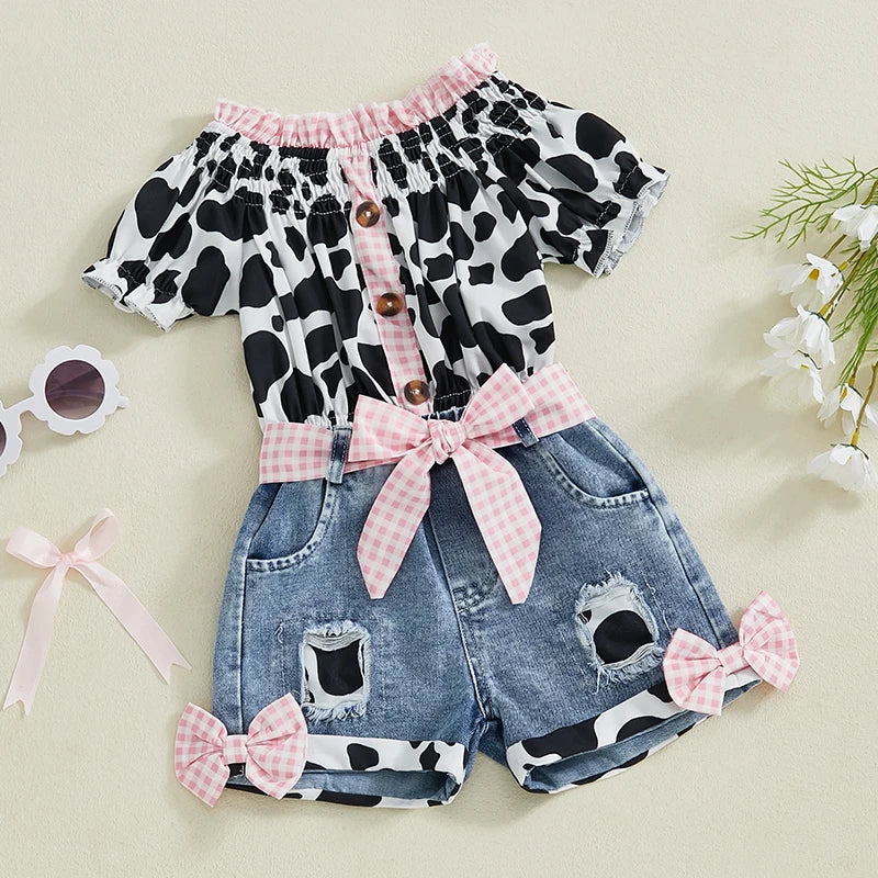 Girls Summer Outfit Leopard Print Sleeveless Top and Distressed Denim Shorts with Frayed Hem and Belt Set