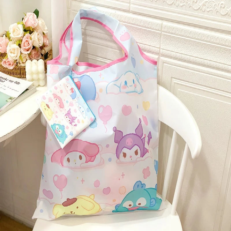 My Melody Sanrio Reusable Tote Bag Kuromi Portable Grocery Shopping Bag Hello Kitty Cinnamoroll Eco-Friendly Bag Be Folded