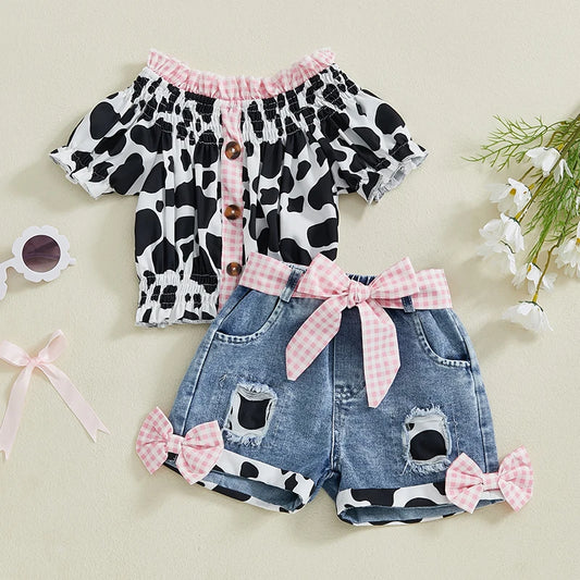 Girls Summer Outfit Leopard Print Sleeveless Top and Distressed Denim Shorts with Frayed Hem and Belt Set