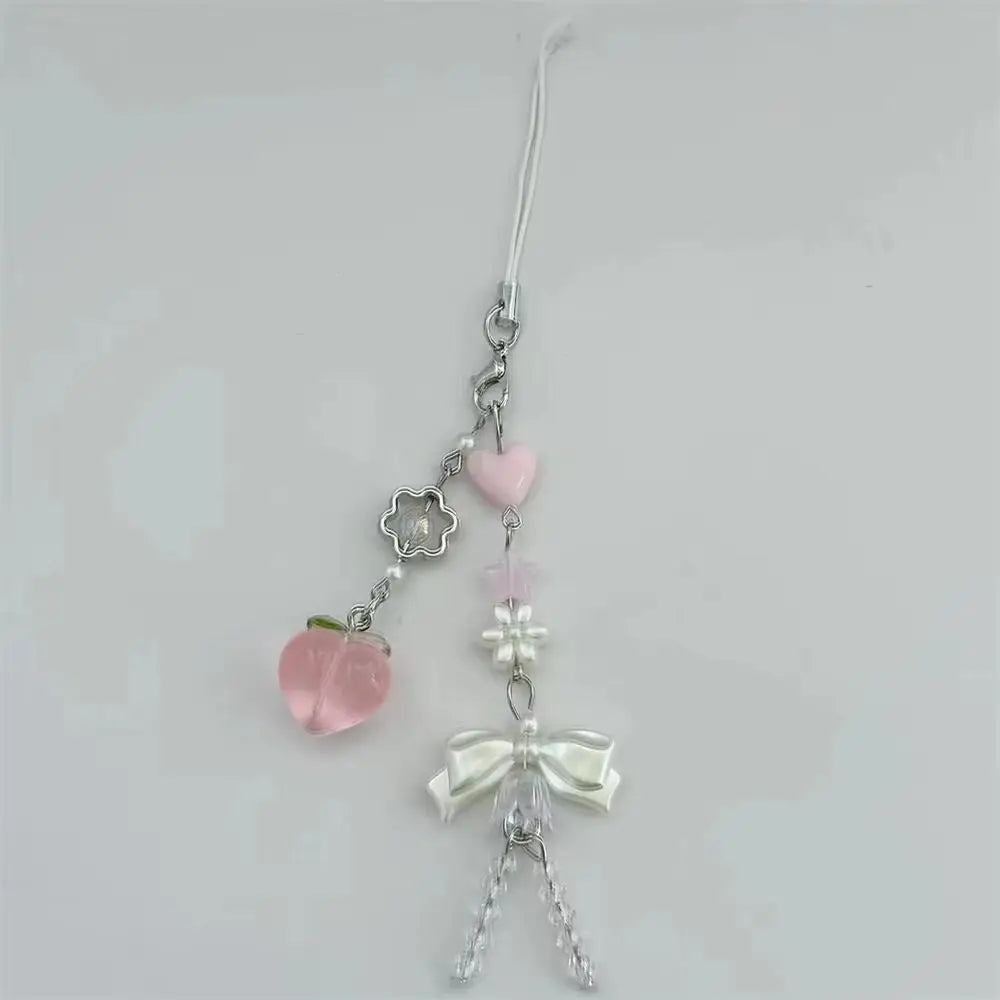 Pink Kawaii Y2K Peach Keychain New Chain Love Heart Keychain Phone Charms Cute Bowknot Bead Pendant Key Ring Sweet Girl Keychain