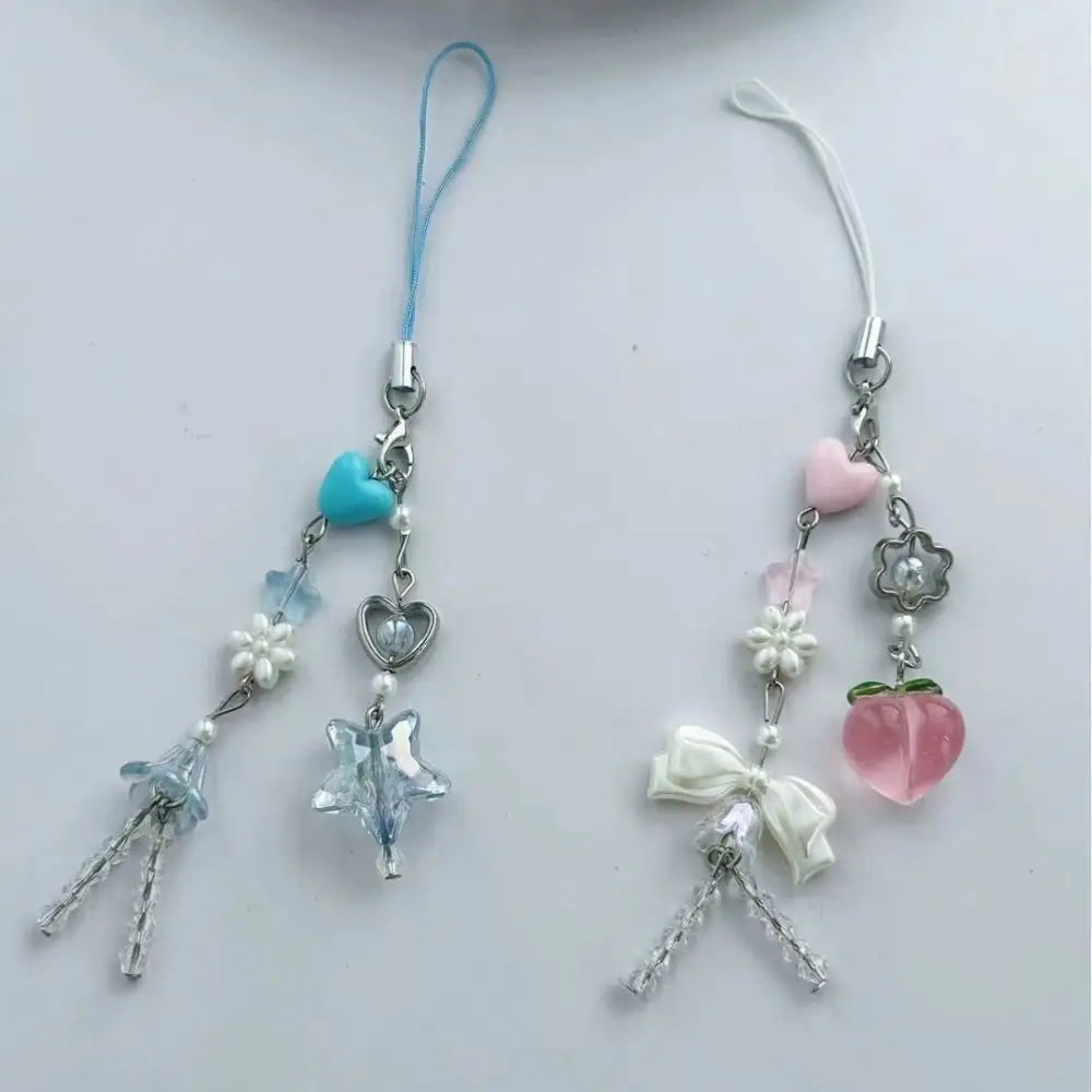 Pink Kawaii Y2K Peach Keychain New Chain Love Heart Keychain Phone Charms Cute Bowknot Bead Pendant Key Ring Sweet Girl Keychain
