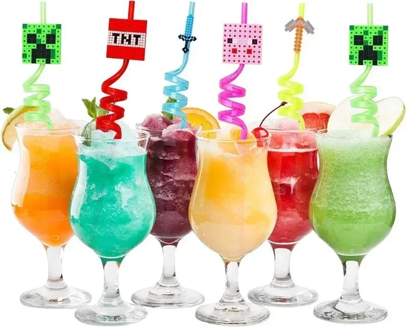 8pcs MineCraftes Straw Reusable My World Miner Plastic Spiral Drinking Straws Kids Birthday Party Decorations Juice Straws