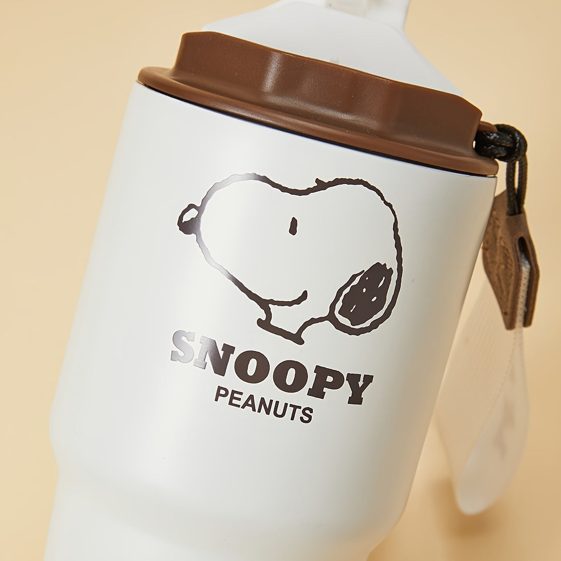 MINISO Snoopy Nuts 16.91oz Stainless Steel Travel Cup with Carrying Strap, Brown & White - Ideal for Women's Day, Valentine's, Thanksgiving, New Year, Mother's Day, Portable Coffee Cup|Themed Merchandise|Secure Lid Feature, C