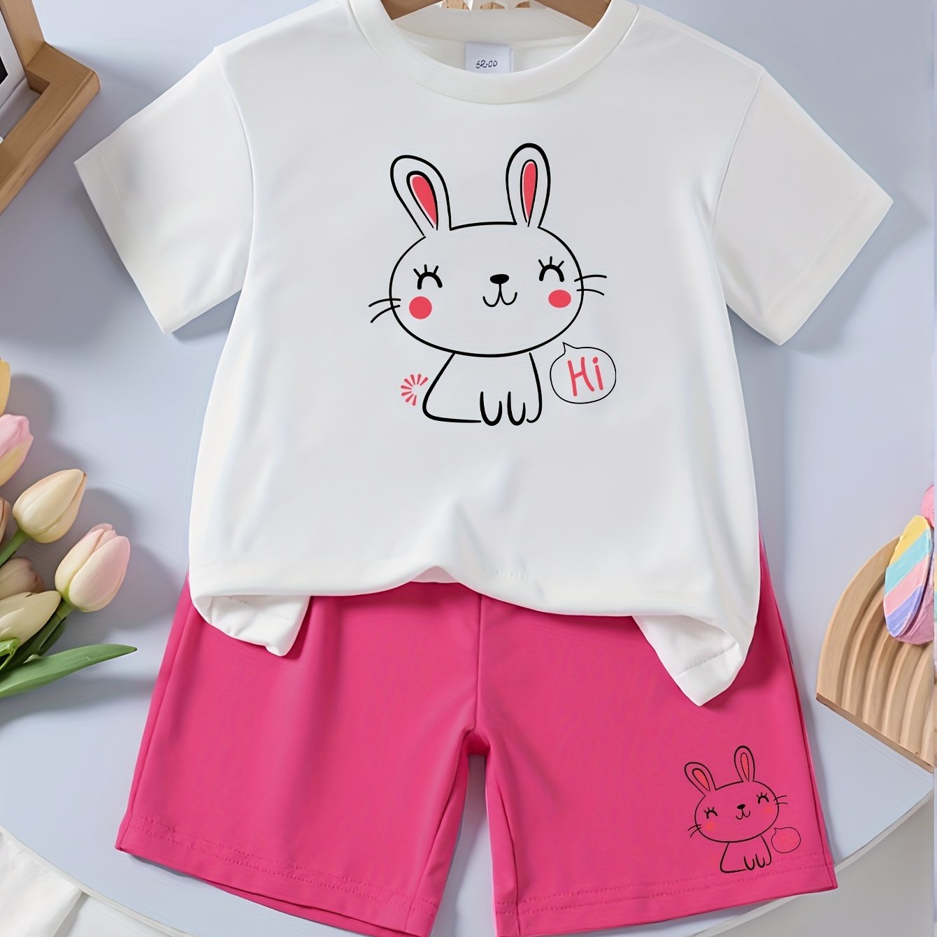 Comfortable T-Shirt for Girls, Simple And Casual for Daily Sports, Featuring a Cute Rabbit Print with Fun Lines in a Short-Sleeve And Shorts Set, for Outdoor