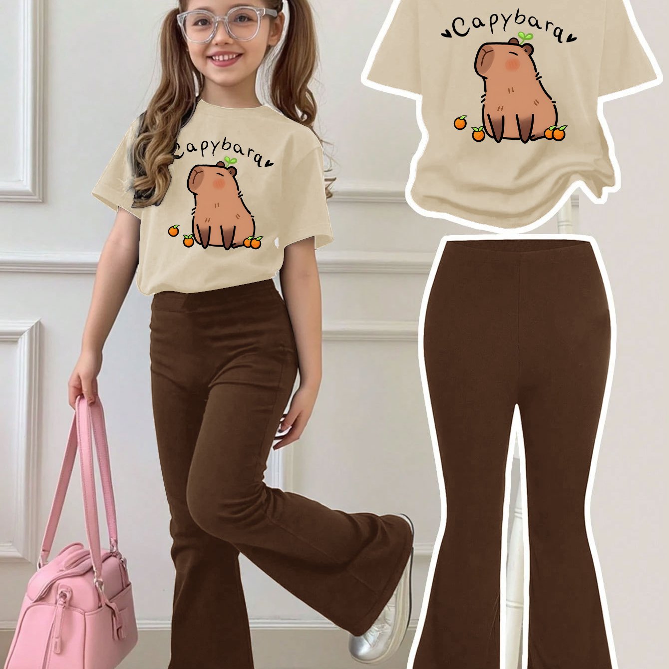 Girls Summer Breathable And Comfortable Fashion Casual Suit Capibara Print Round Neck Short-Sleeved T-Shirt + Flared Trousers Two-Piece Suit for Outdoor