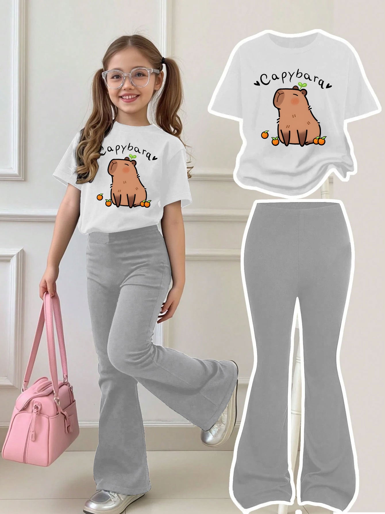 Girls Summer Breathable And Comfortable Fashion Casual Suit Capibara Print Round Neck Short-Sleeved T-Shirt + Flared Trousers Two-Piece Suit for Outdoor