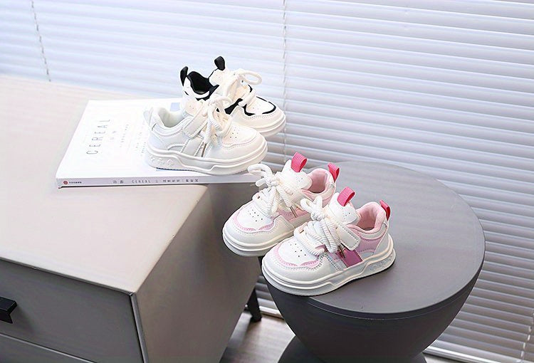 [Playful Charm] All-Season White Sneakers for Boys & Girls: Durable, Versatile Indoor/Outdoor Shoes with Hook-and-loop Closure, Low-Top Design, and Comfortable Fabric Lining