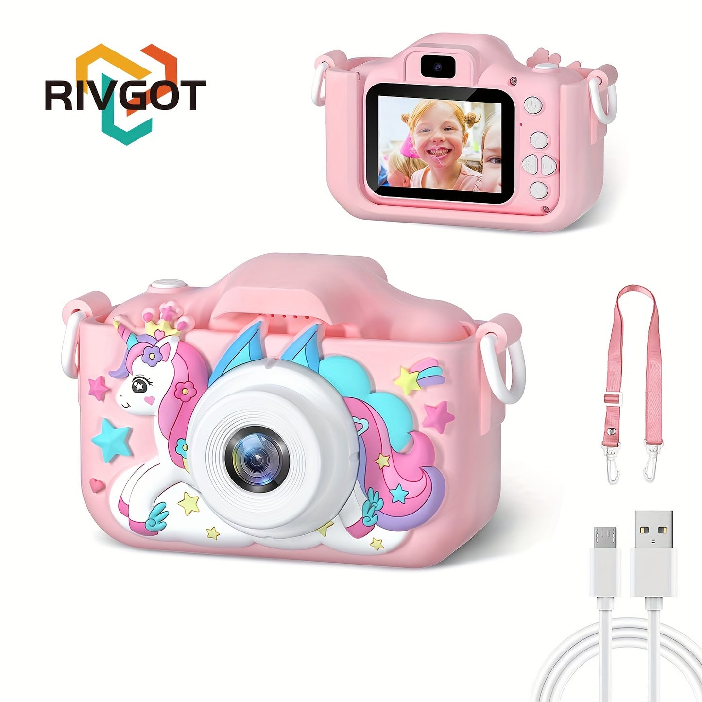 RIVGOT Youngsters' Pink Unicorn Digital Camera with Front & Rear Cameras - Rechargeable USB, IPS Screen, 400mAh Battery - Includes Photo & Video Games - Ideal for 3-12 Year Olds, Birthday & Christmas Gift, RIVGOT