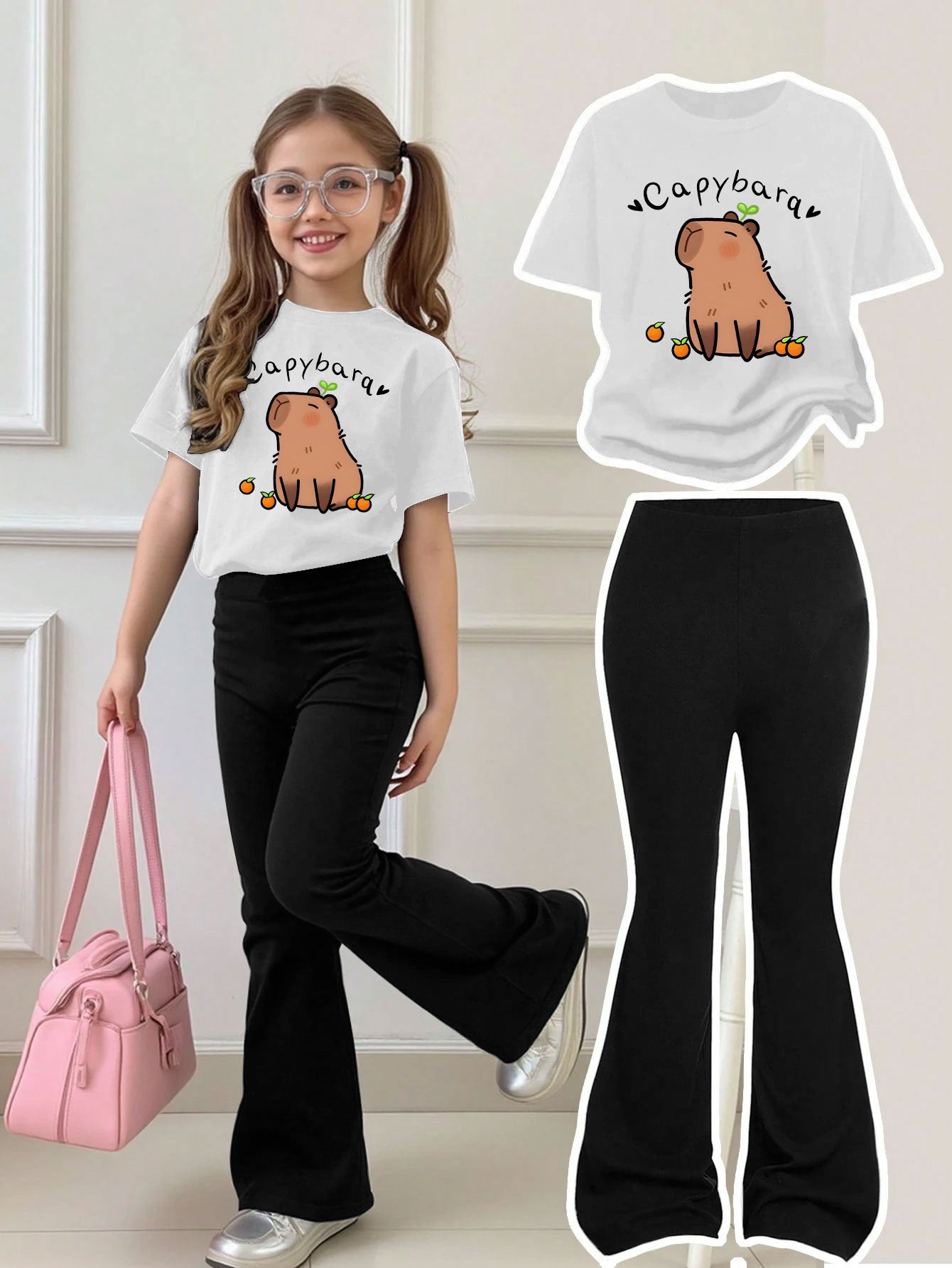 Girls Summer Breathable And Comfortable Fashion Casual Suit Capibara Print Round Neck Short-Sleeved T-Shirt + Flared Trousers Two-Piece Suit for Outdoor