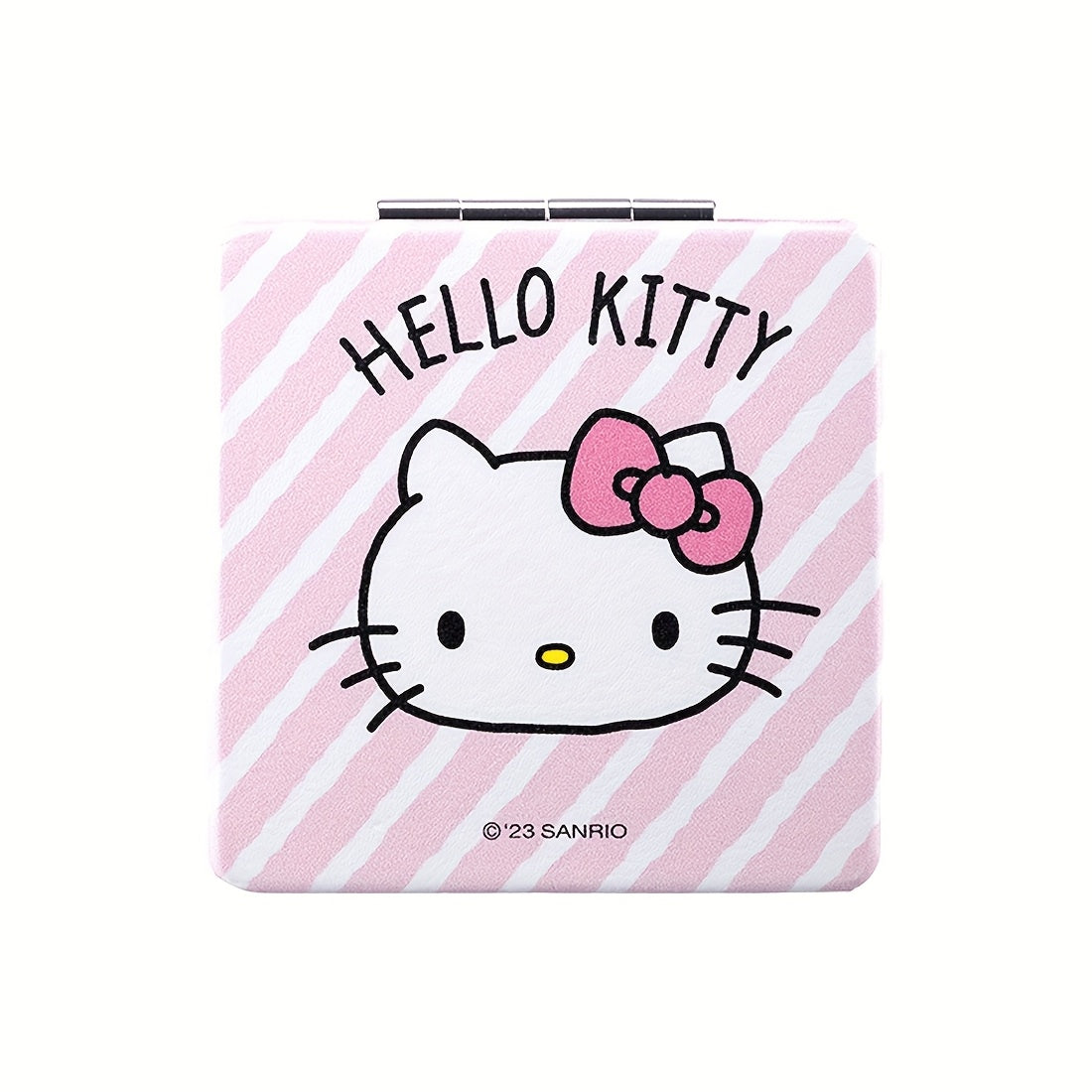 MINISO Hello Kitty Double-Sided Pink Striped Folding Mirror - Portable Square Travel Makeup Mirror with Cute Cartoon Design, Teddy Bear & Hearts, Durable Plastic Compact for On-the-Go, Playful Aesthetic