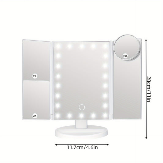 LED Trifold Mirror with Magnifying Mirror, Lighted Cosmetic Mirror Dressing Mirror, Bathroom Adjustable Brightness Mirror, 1X/2X/3X/10X Magnification And Touch Screen Trifold Cosmetic Mirror, Two Power Modes