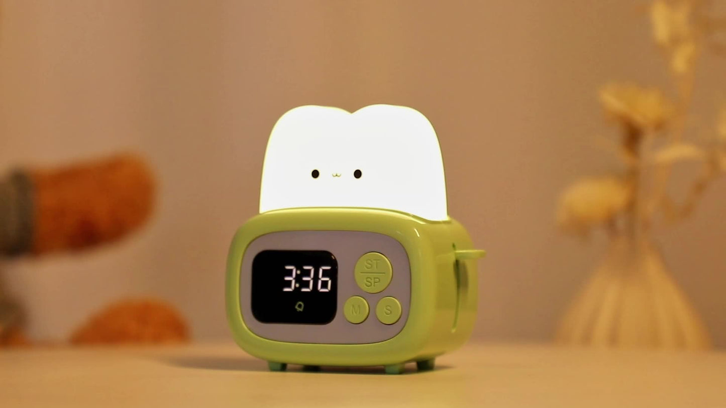 QANYI Modern Freestanding Bedside Alarm Clock Night Light, Adjustable Soft Light, USB Rechargeable Lithium Battery, Button Control, Plastic Shade, for Bedroom Tabletop Use
