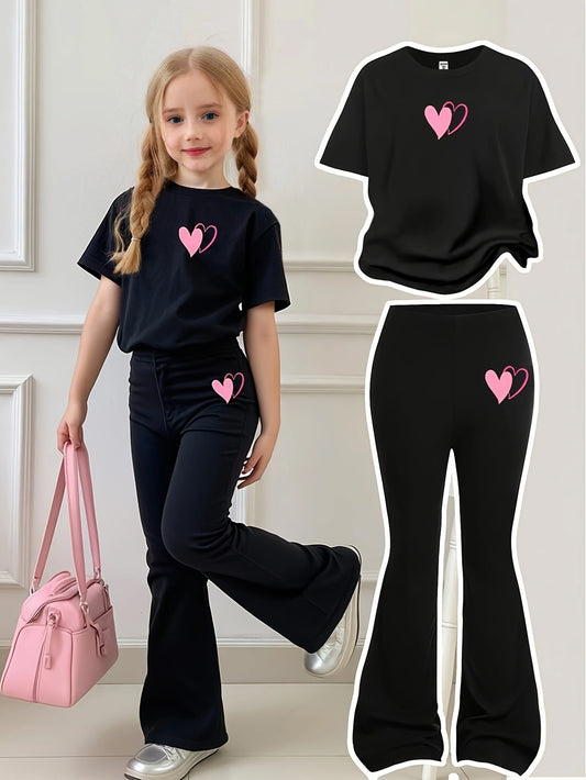 Girls' Fashion Summer Black Heart Short Sleeve Top + Heart Pants Two-Piece Set, Perfect for Outdoor