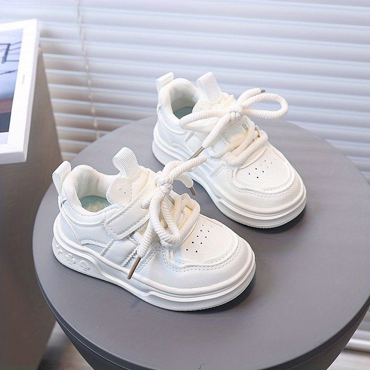 [Playful Charm] All-Season White Sneakers for Boys & Girls: Durable, Versatile Indoor/Outdoor Shoes with Hook-and-loop Closure, Low-Top Design, and Comfortable Fabric Lining