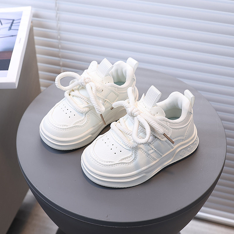 [Playful Charm] All-Season White Sneakers for Boys & Girls: Durable, Versatile Indoor/Outdoor Shoes with Hook-and-loop Closure, Low-Top Design, and Comfortable Fabric Lining