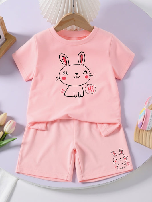 Comfortable T-Shirt for Girls, Simple And Casual for Daily Sports, Featuring a Cute Rabbit Print with Fun Lines in a Short-Sleeve And Shorts Set, for Outdoor
