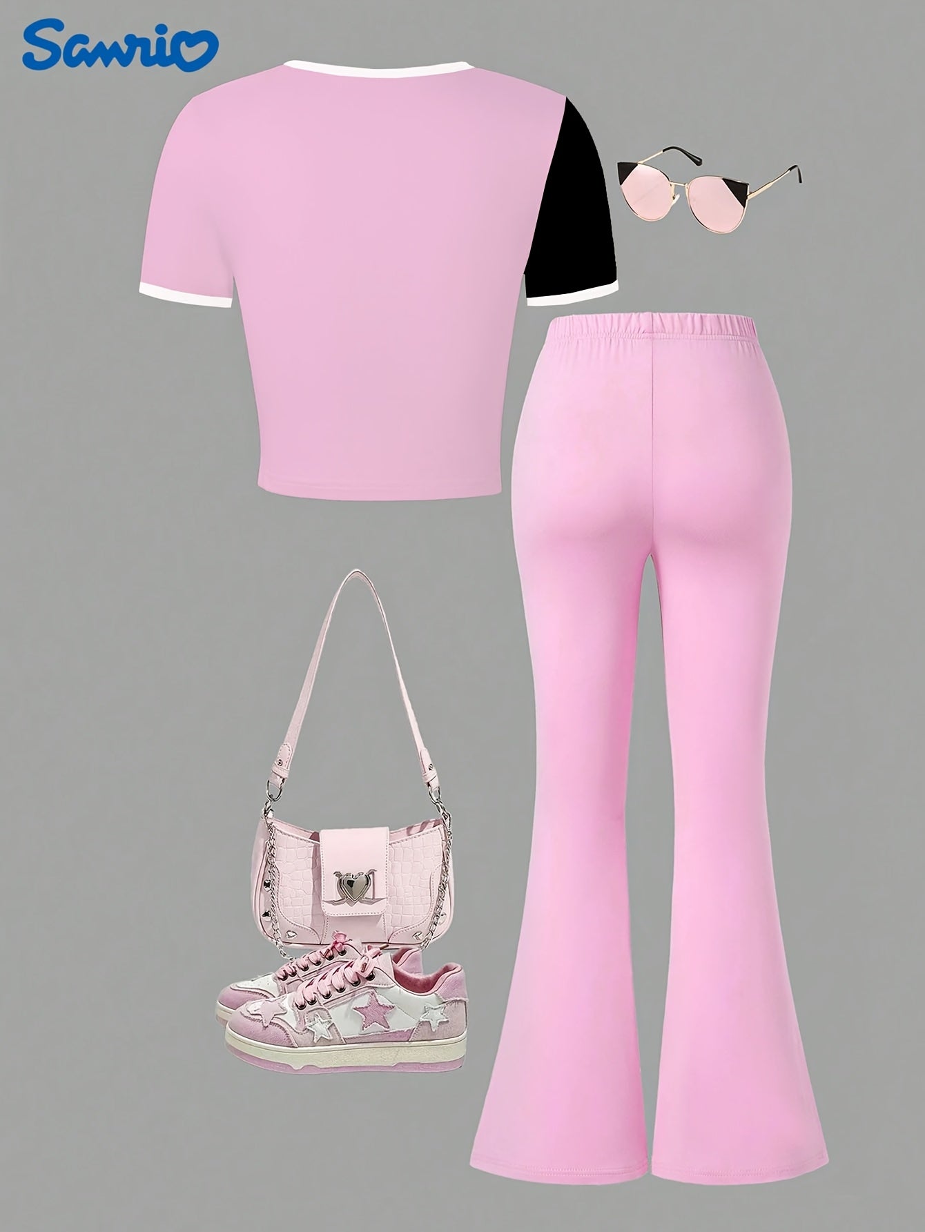 Ku'luo'm Girls' Two-Piece Set: Short Sleeve Heart & Bow Print Top + Flared Pants - Pink with White & Black Accents, Casual Summer Outfit for Youngsters, Cute Outfit|Playful Design|Stretchy Fabri, for Outdoor