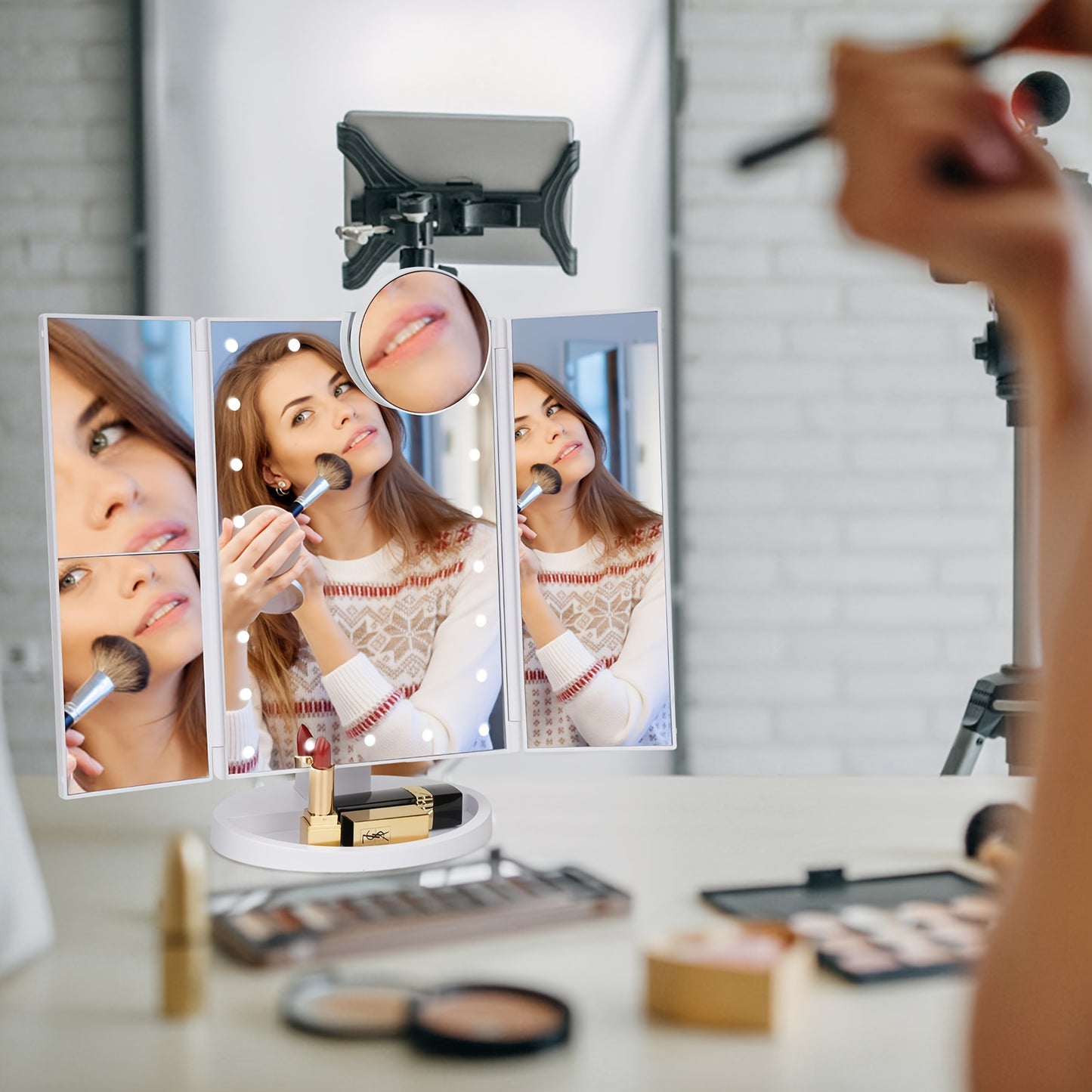 LED Trifold Mirror with Magnifying Mirror, Lighted Cosmetic Mirror Dressing Mirror, Bathroom Adjustable Brightness Mirror, 1X/2X/3X/10X Magnification And Touch Screen Trifold Cosmetic Mirror, Two Power Modes