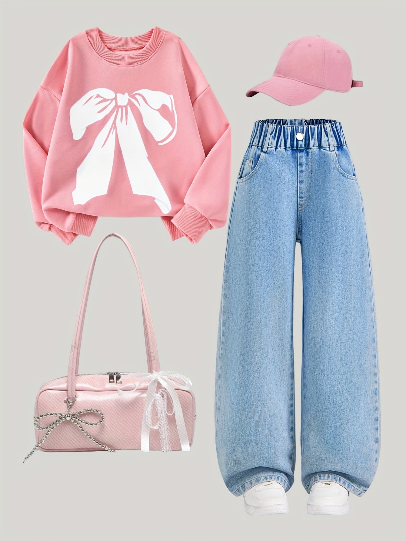 A Outfit Set, Featuring a Stylish Hoodie with a Butterfly Pattern And Embroidered Jeans with a Bow, Embodies Street Fashion And Casual Style, Suitable for All Seasons, Providing a Comfortable Fit for Various Occasions, for Ou