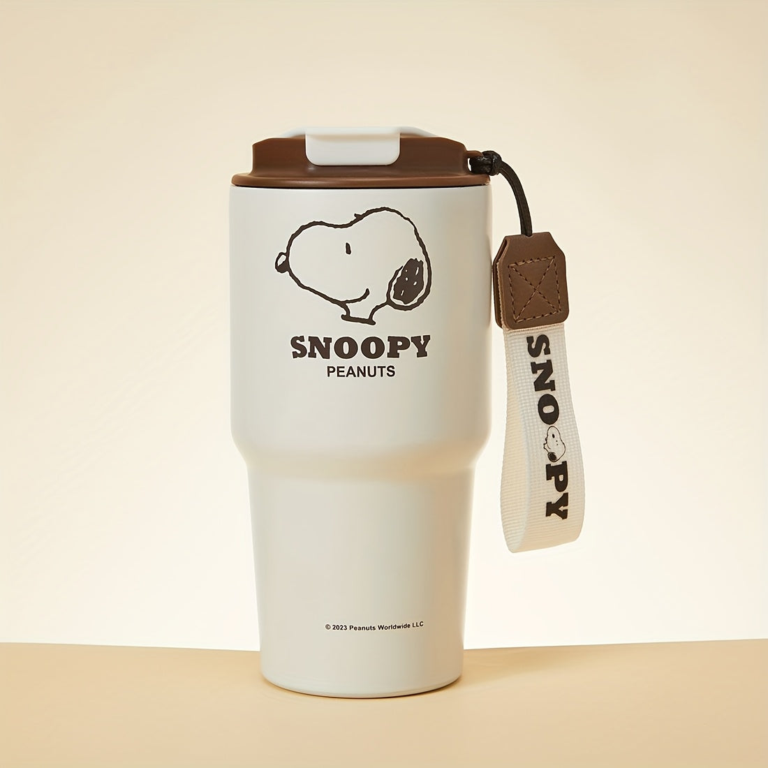 MINISO Snoopy Nuts 16.91oz Stainless Steel Travel Cup with Carrying Strap, Brown & White - Ideal for Women's Day, Valentine's, Thanksgiving, New Year, Mother's Day, Portable Coffee Cup|Themed Merchandise|Secure Lid Feature, C