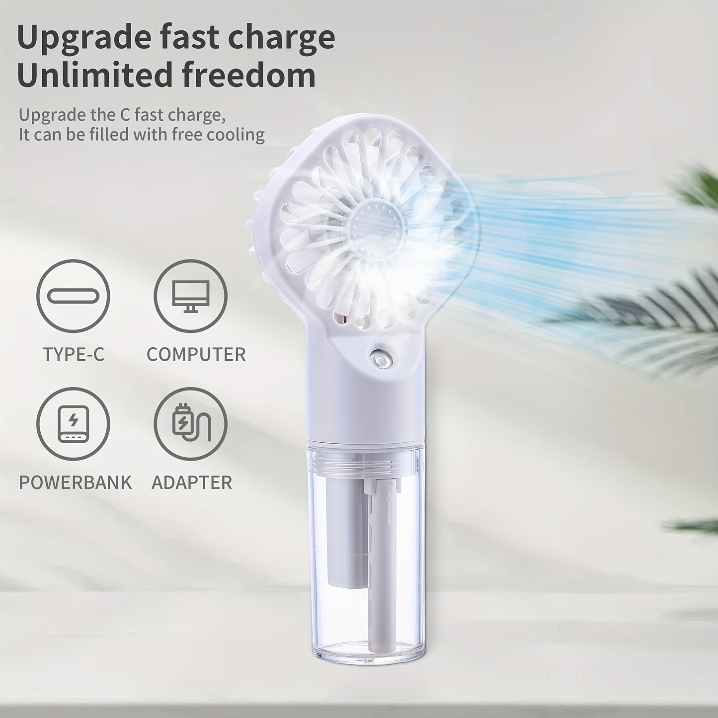 Portable Handheld Spray Fan for Outdoor Use, Neck-Hanging Fan, Desktop Humidifying Mini Fan with Four Wind Speed Settings.
