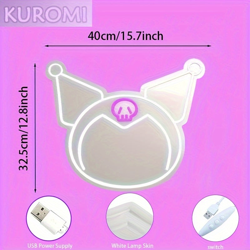 1pc Sanrio Kuromi LED Mirror, USB Powered Neon Light, Adjustable Brightness, Contemporary Cartoon Style, Vertical Irregular Shape, Portable Aesthetic Lamp for Bedroom, Makeup Room, Birthday, Christmas Gift