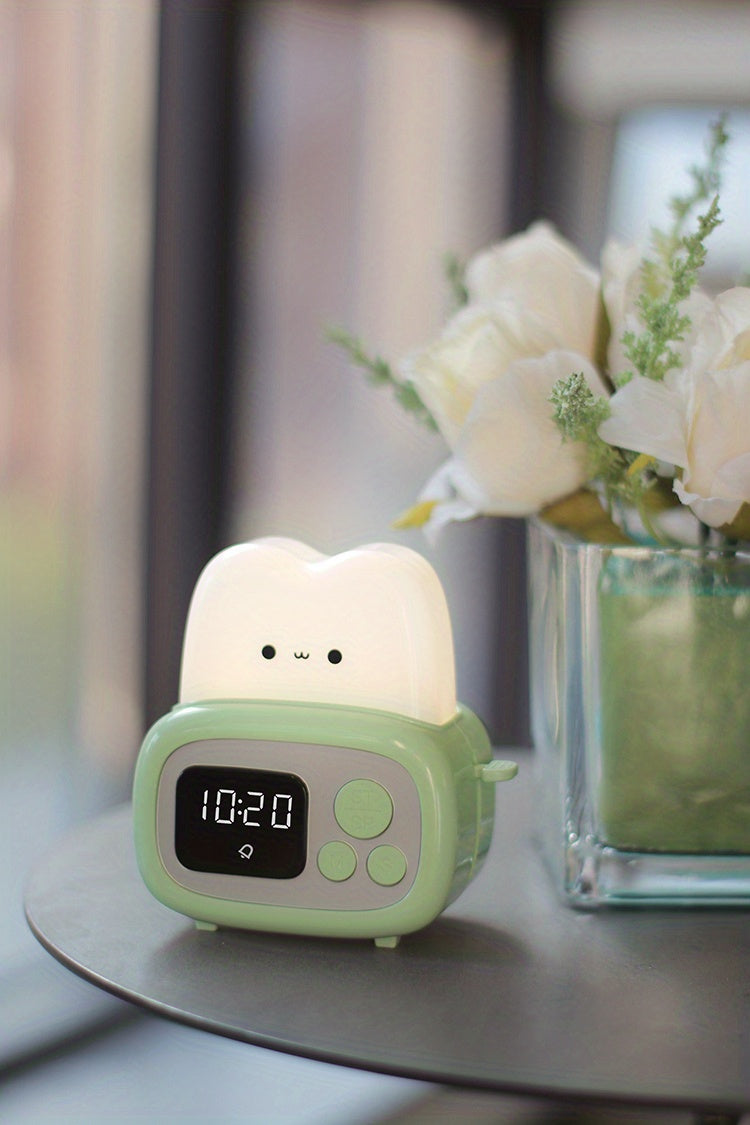 QANYI Modern Freestanding Bedside Alarm Clock Night Light, Adjustable Soft Light, USB Rechargeable Lithium Battery, Button Control, Plastic Shade, for Bedroom Tabletop Use
