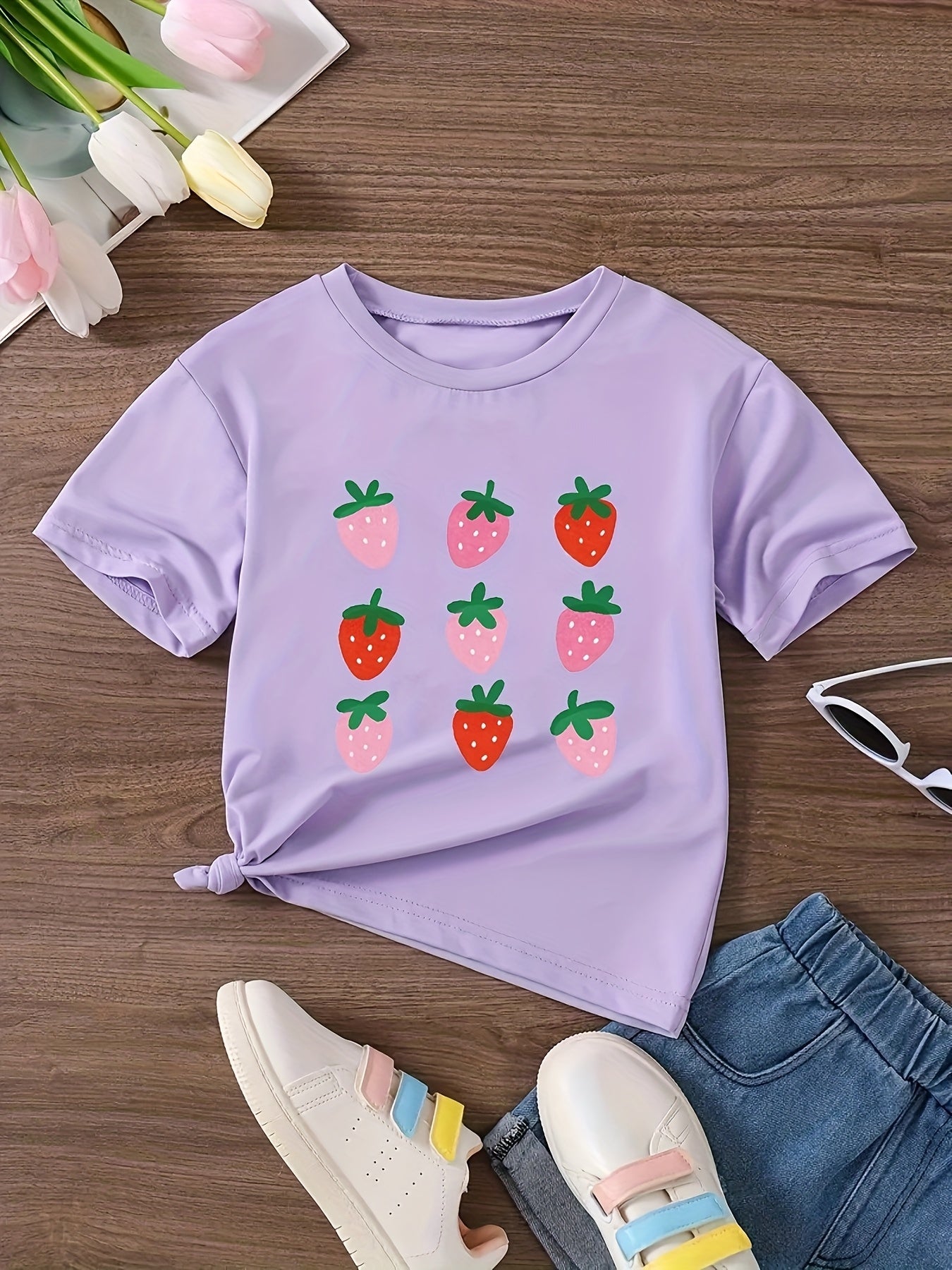 Women'S Casual Strawberry Print T-Shirt - Soft, Stretchy Knit Top with Round Neck, Short Sleeve, Spring/Summer/Fall Style, Comfortable Fit, Casual Wear | Playful Print Top | Comfortable Fit Top, Strawberry Top