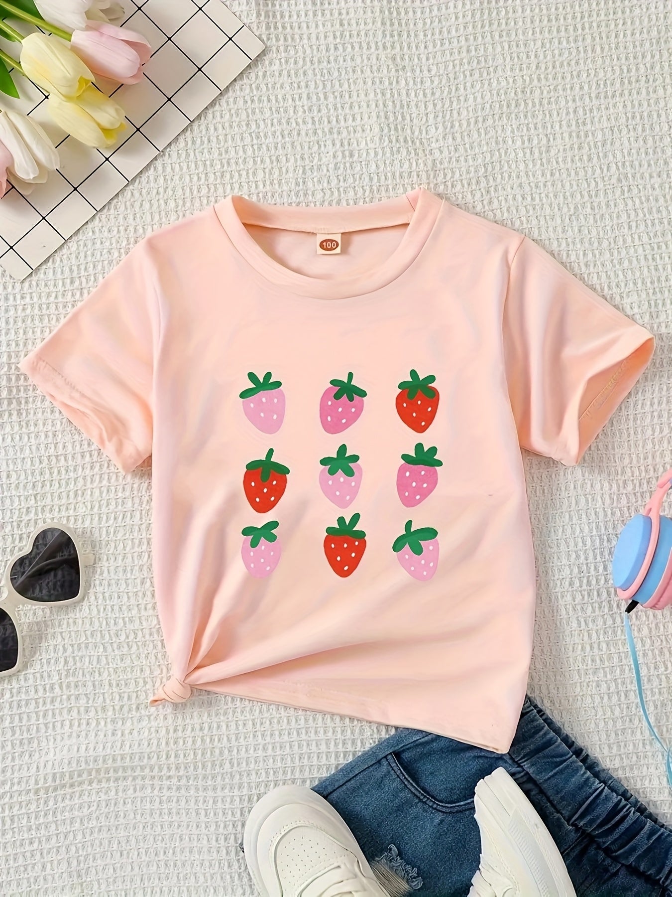 Women'S Casual Strawberry Print T-Shirt - Soft, Stretchy Knit Top with Round Neck, Short Sleeve, Spring/Summer/Fall Style, Comfortable Fit, Casual Wear | Playful Print Top | Comfortable Fit Top, Strawberry Top