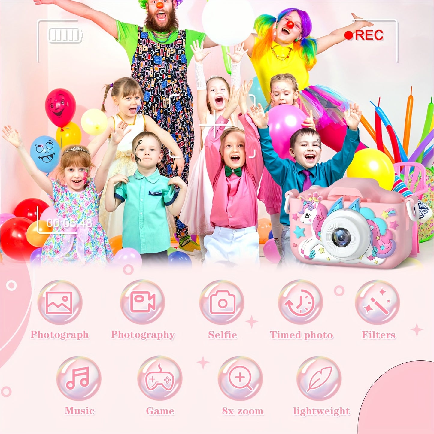 RIVGOT Youngsters' Pink Unicorn Digital Camera with Front & Rear Cameras - Rechargeable USB, IPS Screen, 400mAh Battery - Includes Photo & Video Games - Ideal for 3-12 Year Olds, Birthday & Christmas Gift, RIVGOT