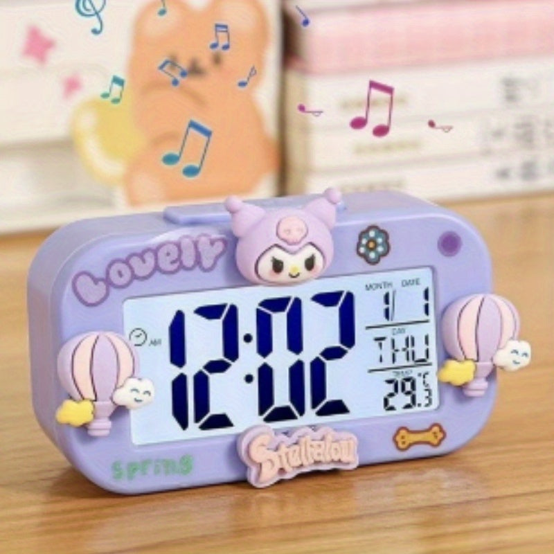 Sanrio Kuromi & Cinnamoroll Alarm Clock with Digital Display, Temperature & Date Function - Cute Cartoon Character Design, Pastel Purple & Yellow, Battery-Powered Mini Clock for Bedroom, Dorm, Desk Decor (AA Battery Not Inclu