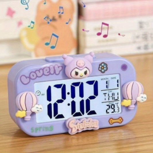 Sanrio Kuromi & Cinnamoroll Alarm Clock with Digital Display, Temperature & Date Function - Cute Cartoon Character Design, Pastel Purple & Yellow, Battery-Powered Mini Clock for Bedroom, Dorm, Desk Decor (AA Battery Not Inclu