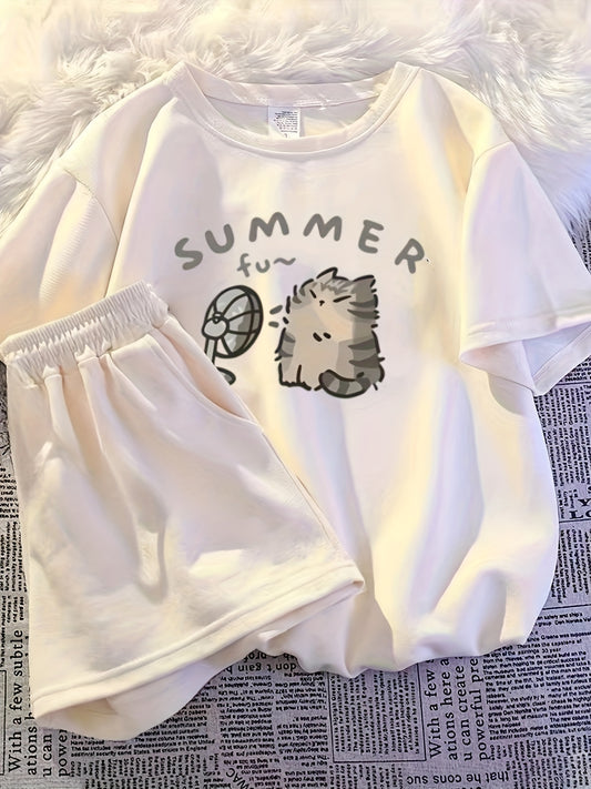 Girls' Summer Casual Outfit - Cute Cartoon Cat Graphic T-Shirt & Shorts Set, Polyester, Loose Fit, Geometric Pattern, Short Sleeve, Summer Clothes, for Outdoor