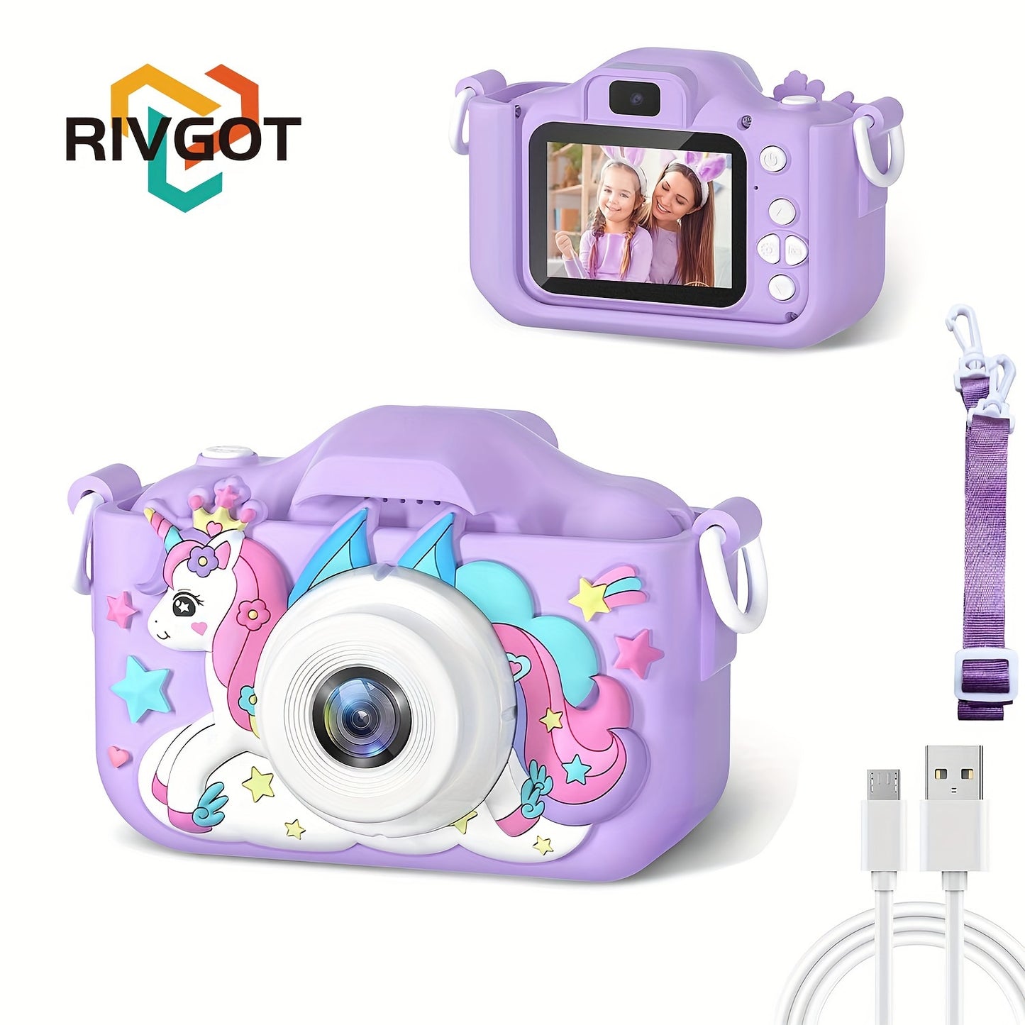 RIVGOT Youngsters' Pink Unicorn Digital Camera with Front & Rear Cameras - Rechargeable USB, IPS Screen, 400mAh Battery - Includes Photo & Video Games - Ideal for 3-12 Year Olds, Birthday & Christmas Gift, RIVGOT