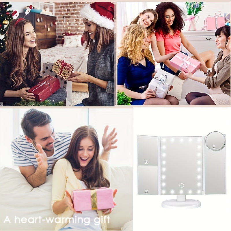 LED Trifold Mirror with Magnifying Mirror, Lighted Cosmetic Mirror Dressing Mirror, Bathroom Adjustable Brightness Mirror, 1X/2X/3X/10X Magnification And Touch Screen Trifold Cosmetic Mirror, Two Power Modes
