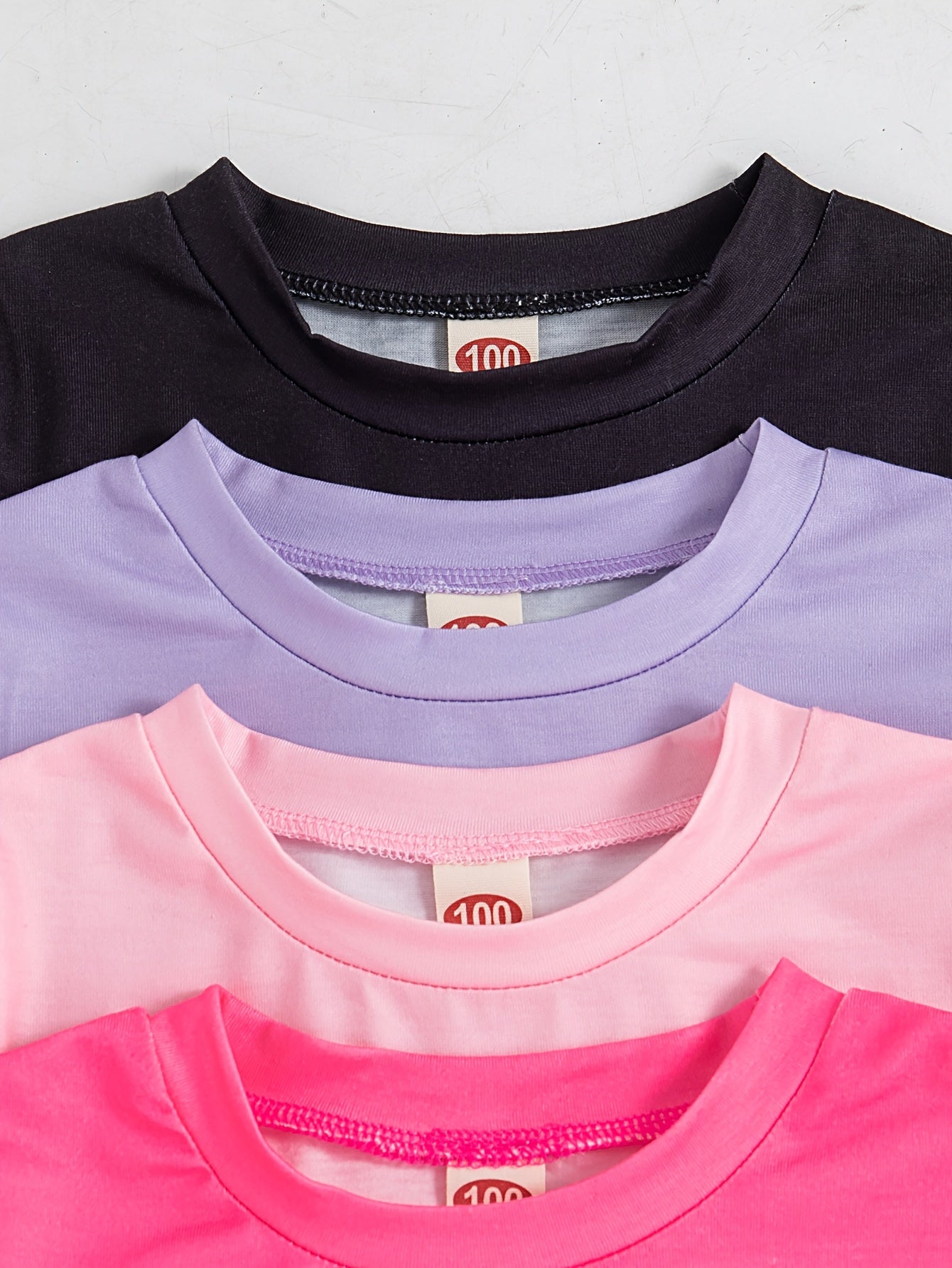 4pcs Girls' Summer Casual T-Shirts - Cute Heart, Cartoon & Letter Print, Soft Polyester Blend, Short Sleeve, Round Neck, Regular Fit - Black, Purple, Pink, White, Summer T Shirts
