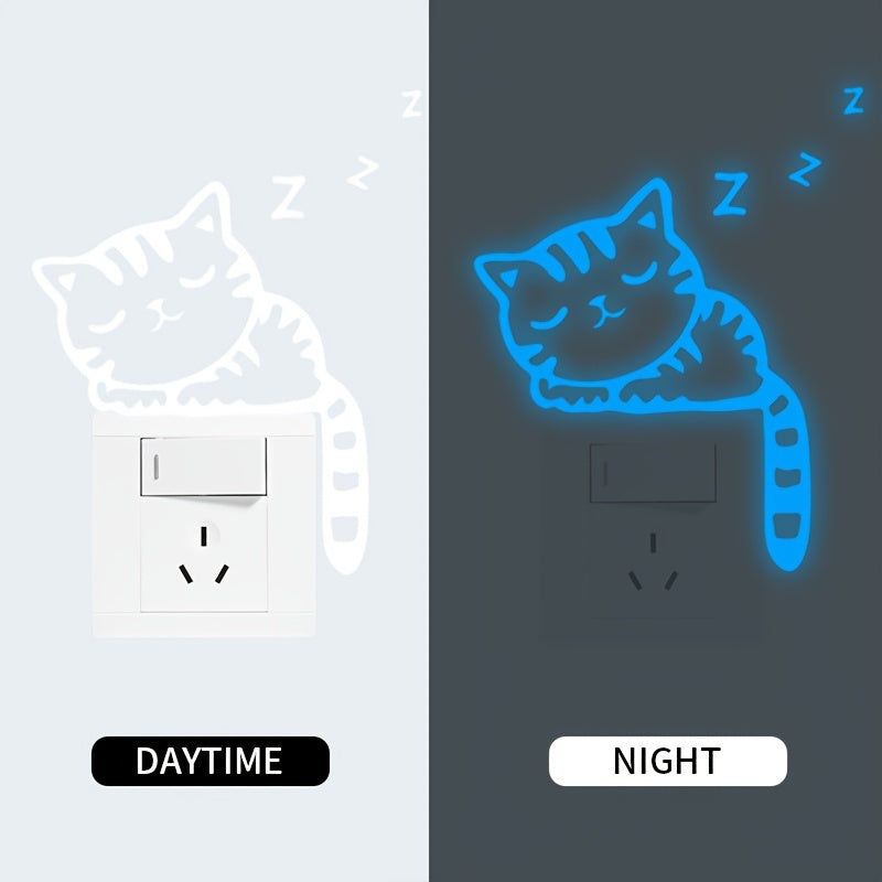 Glow-in-the-Dark Cat Wall Stickers - Removable Vinyl Decals for Light Switch, Creative Home Decor in Blue & Green, Adds Whimsical Touch to Living Room or Bedroom, Playful Room Decor | Whimsical Cat Design | Removable Sticker