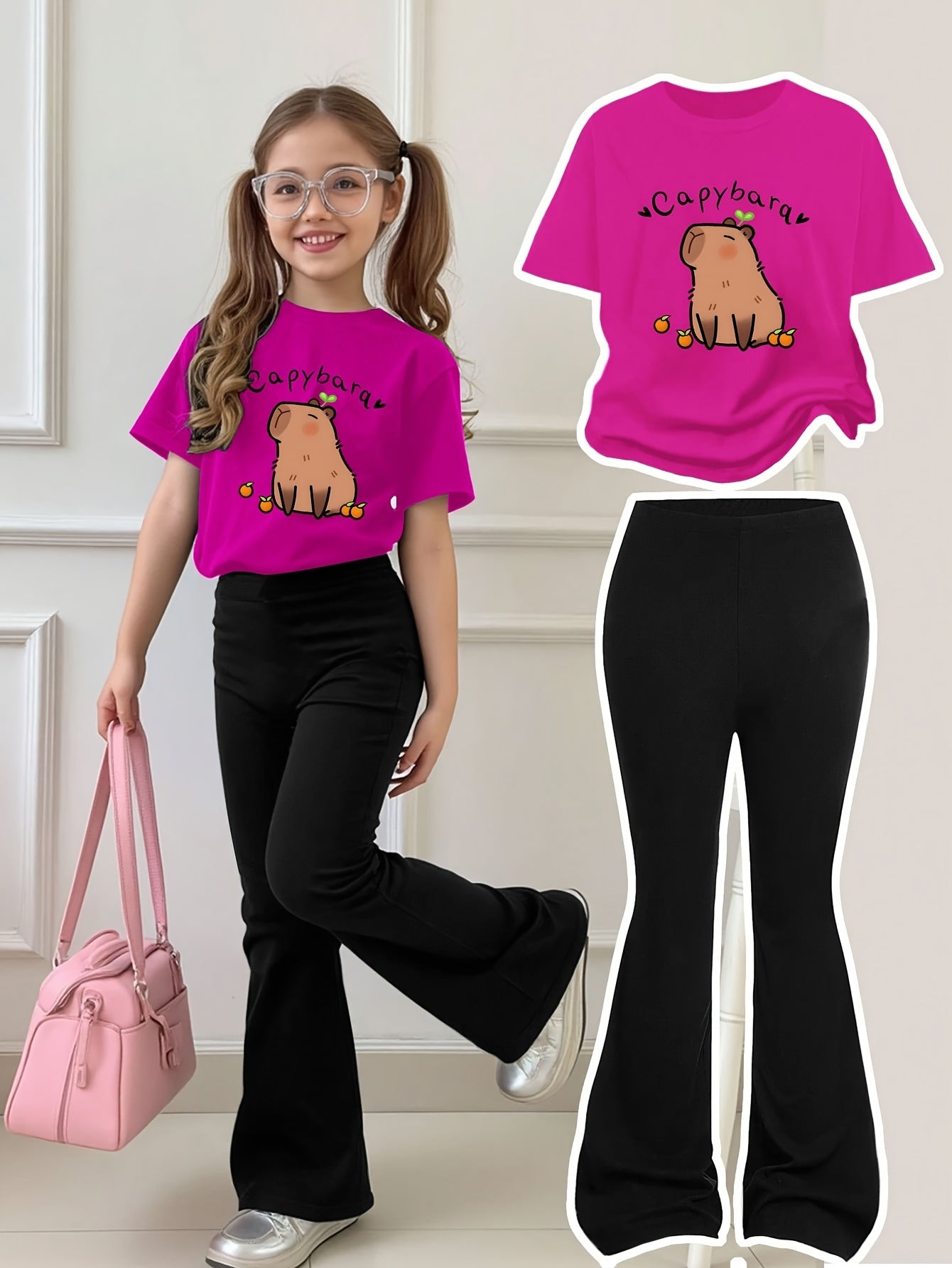 Girls Summer Breathable And Comfortable Fashion Casual Suit Capibara Print Round Neck Short-Sleeved T-Shirt + Flared Trousers Two-Piece Suit for Outdoor
