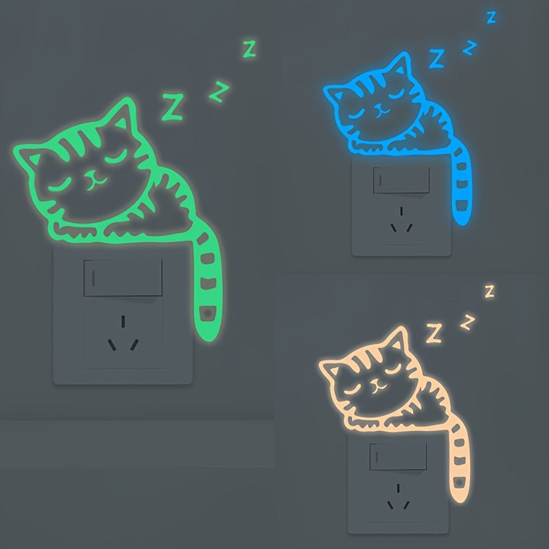 Glow-in-the-Dark Cat Wall Stickers - Removable Vinyl Decals for Light Switch, Creative Home Decor in Blue & Green, Adds Whimsical Touch to Living Room or Bedroom, Playful Room Decor | Whimsical Cat Design | Removable Sticker