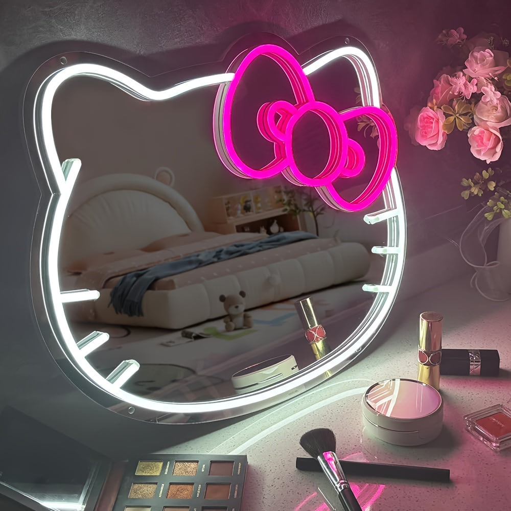 1pc Hello Kitty Cartoon Oval LED Neon Light Mirror, USB Powered Horizontal Wall Mirror with Plastic Frame, Dimmable for Bedroom, Locker, Living Room, Kids Room, Hallway - Glowing Decoration