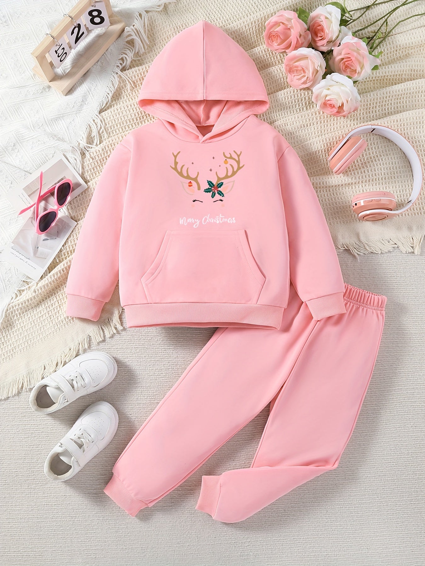 Girls' Festive Christmas Antler & Letter Print Sweatshirt and Joggers Set - Casual, Non-Stretch Polyester, Machine Washable - Perfect for Fall/Winter, Perfect for Outdoor